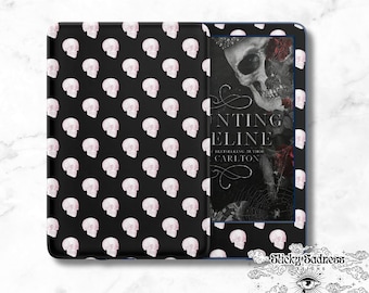 May include: A black and white Kindle e-reader cover with a skull pattern. The cover is open to reveal a book titled "Hunting Eveline" by bestselling author Carlton. The cover features a skull with roses and a spider web.
