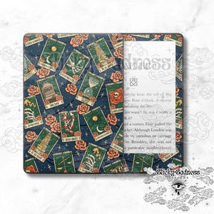 May include: A blue and green patterned Kindle cover with a repeating design of tarot cards and roses. The text "Sticky Sadness" is visible in the bottom right corner of the image.