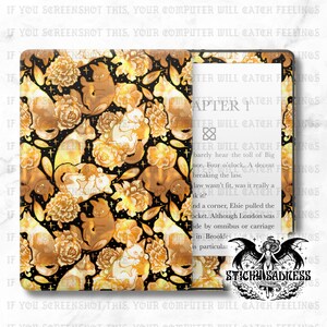 May include: Kindle cover with a repeating pattern of gold and brown cats and flowers on a black background. The cover is open, showing the screen with text. The Sticky Sadness logo is in the bottom right corner.