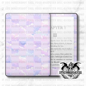 May include: A Kindle Paperwhite with a pastel cloud design on the cover. The open screen displays text from a book. The design features a checkerboard pattern with clouds in shades of pink, blue, and purple. The text on the screen reads "Chapter 1".