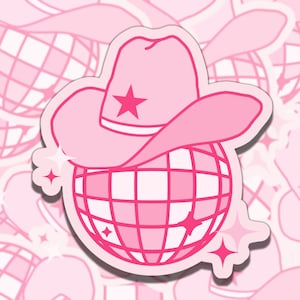 Disco Cowgirl Colorful Pink Waterproof Disco Ball Vinyl Sticker, Gift for Girl Friend, Funny Sticker for Kindle Laptop Water Bottle Journal