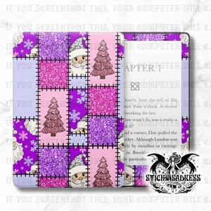 May include: A colorful Kindle case featuring a patchwork design with Santa Claus, Christmas trees, and snowflakes. The case has a purple, pink, and white color scheme with glitter accents. The text on the case says "IF YOU SCREENSHOT THIS, YOUR COMPUTER WILL".