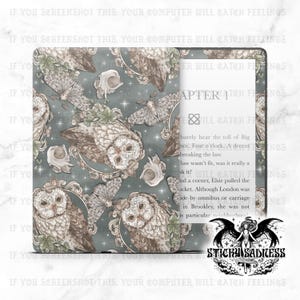 May include: A decorative case with a repeating pattern of owls, moths, and skulls in muted tones of grey, brown, and green. The case has a book-like design with text visible on the right side. The design includes ornate frames and floral accents.