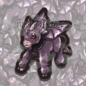 May include: A purple and black cartoon goat with wings and a red eye. The goat is standing on a background of clouds.
