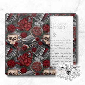 May include: A digital book cover featuring a dark grey background with a repeating pattern of red roses, teacups, books, and hearts. The text "Spread Those Pages" is repeated throughout the pattern. The cover also includes a text box with the words "Chapter 1".