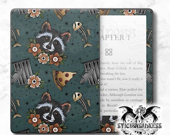 Teal Traditional Trash Panda Tatt Decal Insert Skin, Cute Vinyl Wrap for Kindle Kobo iPad Boox Fire, Gift for Book Lover, BookTok Accessory