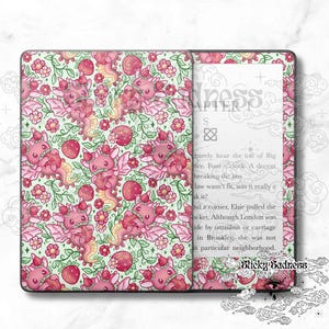 May include: A digital book reader cover featuring a pink and green pattern of small dragons holding strawberries. The cover is designed to fit a Kindle Paperwhite.