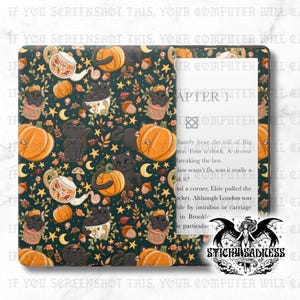 May include: A Kindle cover with a dark teal background featuring a repeating pattern of orange pumpkins, black cats, stars, and crescent moons. The cover also has a white screen with text and a "Sticky Sadness" logo.