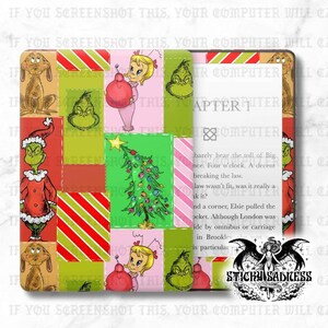 May include: A colorful Christmas-themed book cover featuring illustrations of the Grinch, Cindy Lou Who, and a decorated Christmas tree. The cover has a patchwork design with red, green, and pink squares. The text "CHAPTER 1" is visible.