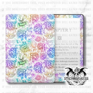 Peut inclure: Une housse blanche pour Kindle ornée d'un motif coloré de fleurs et de créatures fantastiques. La housse est ouverte, révélant l'écran avec du texte. Le motif comprend des pivoines, des démons et d'autres éléments fantaisistes. Le texte sur la housse dit "IF YOU SCREENSHOT THIS, YOUR COMPUTER WILL CATCH FEELINGS."