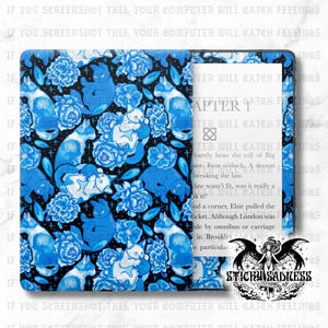 May include: A blue and black Kindle cover with a repeating pattern of cats, squirrels, and flowers. The cover is open, showing the screen with text. The cover has the text "IF YOU SCREENSHOT THIS, YOUR COMPUTER WILL CATCH FEELINGS".