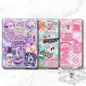 May include: Three digital phone cases with a variety of colorful stickers. The stickers feature spooky, cute, and humorous designs with text such as "Spooky Babe", "Your Anxiety is a Lying Bitch", and "Probably Anxious".