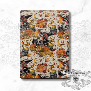 May include: A digital illustration of a repeating pattern featuring black cats, pumpkins, cauldrons, and the text "Brews & Tattoos". The background is a light beige colour.