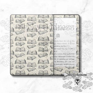 May include: An e-reader case with a repeating pattern of open books in gray on a cream background. The screen displays text from a book. The case is labeled "Sticky Sadness."