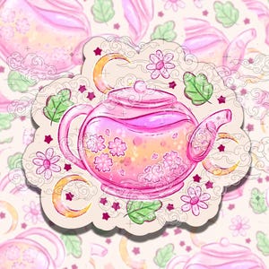 Sakura Teapot Cute Pink Colorful Waterproof Vinyl Sticker, Girly Gift for Friend, Funny Sticker for Kindle Laptop Water Bottle Journal