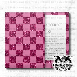 May include: A pink and glittery checkerboard design covers a Kindle case, open to reveal text. The case is a vibrant pink with a grid pattern, each square filled with sparkling glitter. The text on the screen reads "Chapter 1".