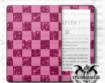 Pink Glitter Checkered Decal Insert Skin, Aesthetic Vinyl Wrap for Kindle Kobo iPad Boox Fire, Gift for Book Lover, BookTok Accessories