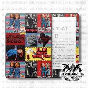 May include: A rectangular, multi-paneled design featuring images and text from the horror film franchise, Child's Play. The design includes images of the Chucky doll, text that reads "See You In Hell" and "Hi, I'm Chucky Wanna Play?"
