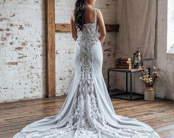 Elegant Crepe Illusion Lace Mermaid Wedding Dress with Dramatic Train | Custom Order