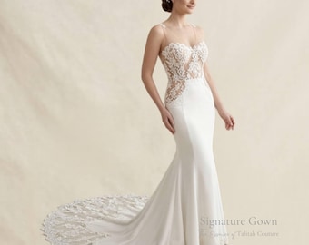 Illusion Lace Trumpet Wedding Gown | Handmade Mermaid Bridal Dress | Sleeveless  Crepe Wedding Dress with Train | Custom Order
