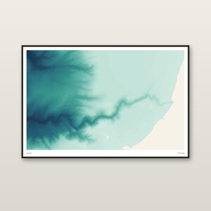 May include: A framed horizontal map print featuring a topographical view of a coastline in shades of teal, blue, and cream. The artwork displays a winding river or inlet flowing into the sea, with the text "Douro" and "Portugal" at the bottom.
