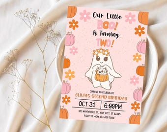 May include: Pink and orange Halloween birthday invitation with a cute ghost holding a pumpkin. The text reads "Our Little Boo! Is Turning Two!" and includes the date and time of the party, as well as the address and RSVP information.