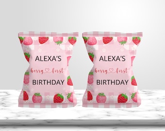 Berry First Birthday Chip Bag Labels, strawberry themed birthday for girls