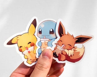 Kawaii Pikachu Y Eevee Anime Boba Sticker: Eevee, Pikachu