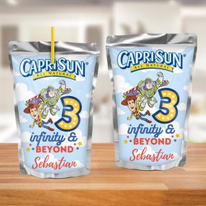 Three Infinity and Beyond Caprisun Labels, Toy Story personalized party favors, third birthday