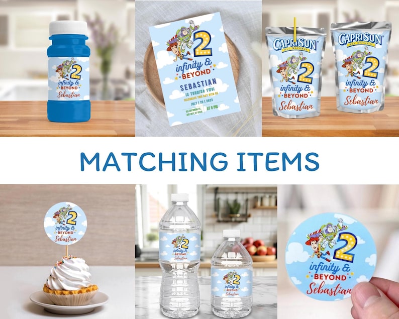 Op de afbeelding: Een verzameling feestartikelen met een "Toy Story" thema. Inclusief een blauwe bellenblaasfles, uitnodiging, Capri Sun-sapboxen, cupcake-topper, waterflessen en een sticker. Alle items hebben de tekst "infinity & beyond" en het nummer "2".