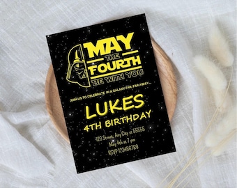 Invitación "Que el cuatro de mayo esté contigo" Invitación digital del 4 de mayo Fiesta del cuarto cumpleaños Descarga instantánea digital Canva Invitación de Star Wars