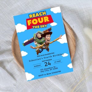Reach Four The Sky Birthday Invitation, Reach 4 The Sky Digital Invite, Fourth Birthday Party Digital Instant Download Canva, Woody Invite