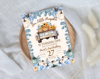 May include: A watercolor-style birthday invitation featuring a vintage truck filled with sunflowers. The invitation is decorated with pumpkins and leaves in shades of blue, green, and cream. Text includes "Our Little Pumpkin" and "Daniel's First Birthday".