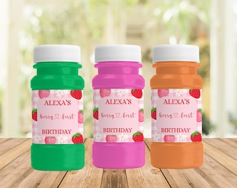 Berry First Birthday Bubble Labels: Customizable Strawberry Party Favors,