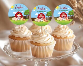 Farm Second Birthday Cupcake Toppers: Barnyard Party Decorations