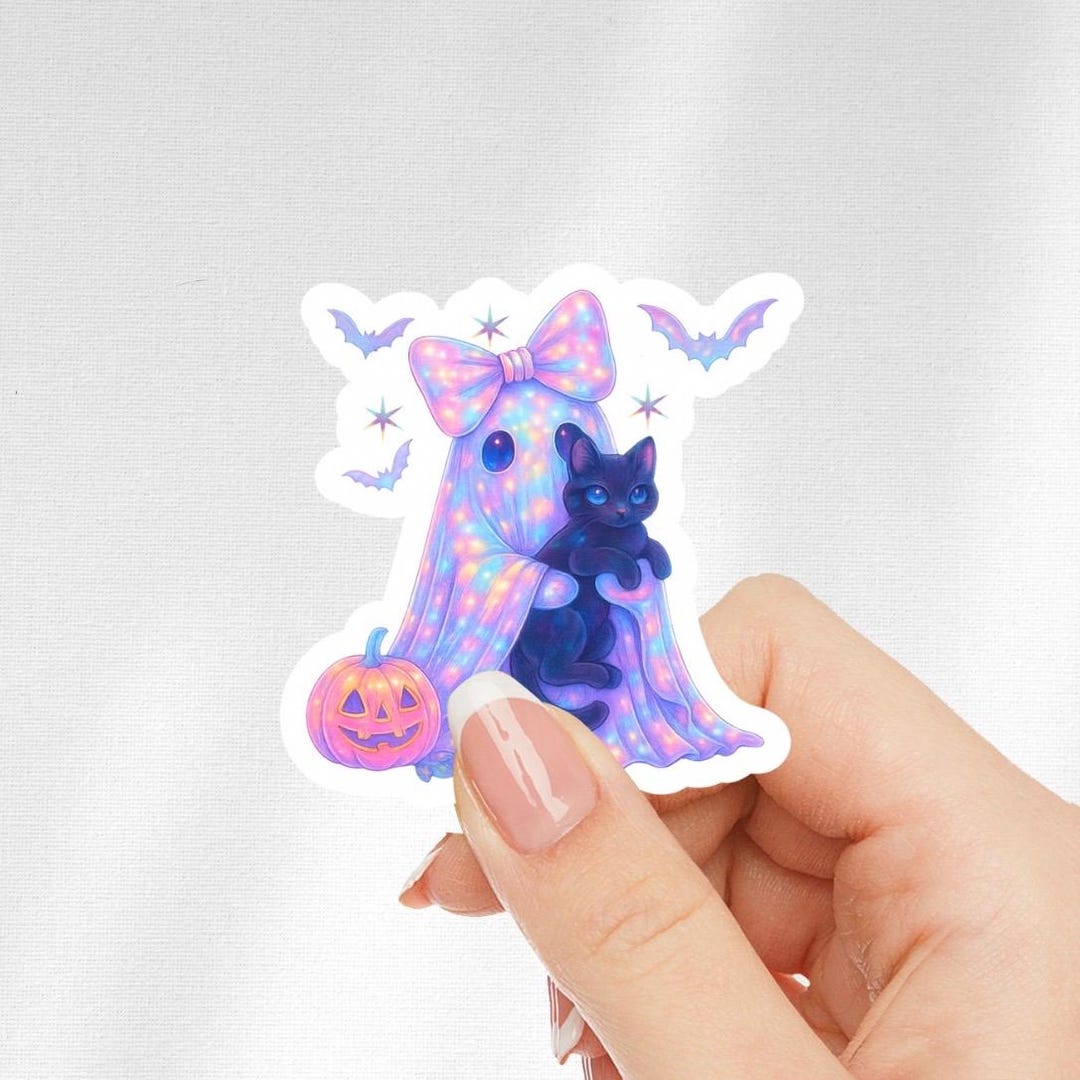 Iridescent Ghost and Cat Halloween Sticker, Waterproof Vinyl Decal for ...
