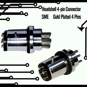 Può includere: Due connettori Headshell a 4 pin argentati con pin placcati in oro. I connettori sono cilindrici con più pin e un meccanismo di bloccaggio. Il testo sull'immagine recita "Headshell 4-pin Connector SME Gold Plated 4 Pins."