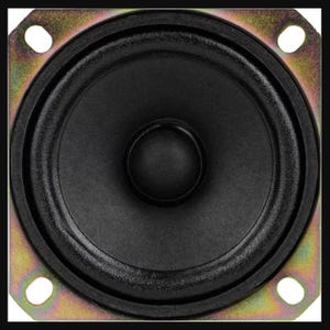 May include: A close-up shot of a small speaker. The speaker features a black cone and a black rubber surround, set within a square, gold-coloured metal frame with four mounting holes.