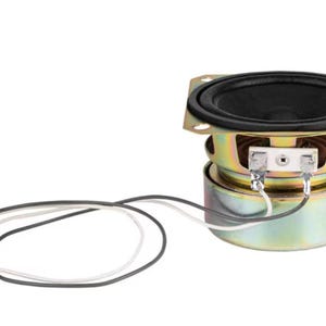 May include: A small, round speaker with a black cone and a metallic gold and silver frame. The speaker has a square mounting plate and attached wires with a connector. The speaker is designed for audio applications.