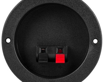 May include: Black plastic speaker mounting ring with two red and black speaker wire terminals.