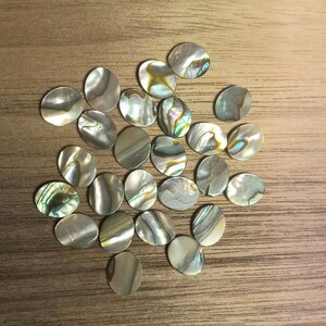 May include: A collection of oval-shaped iridescent mother-of-pearl shell pieces. The pieces are various shades of green, brown, and white.