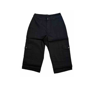 May include: Black cargo pants with two large pockets on the sides and a smaller pocket on the right side.