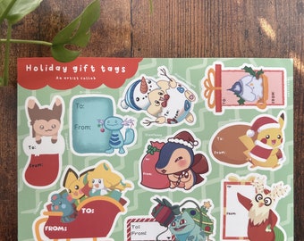 Pokémon Christmas Holiday Gift Tag Sticker Sheet - An Artist Collaboration!