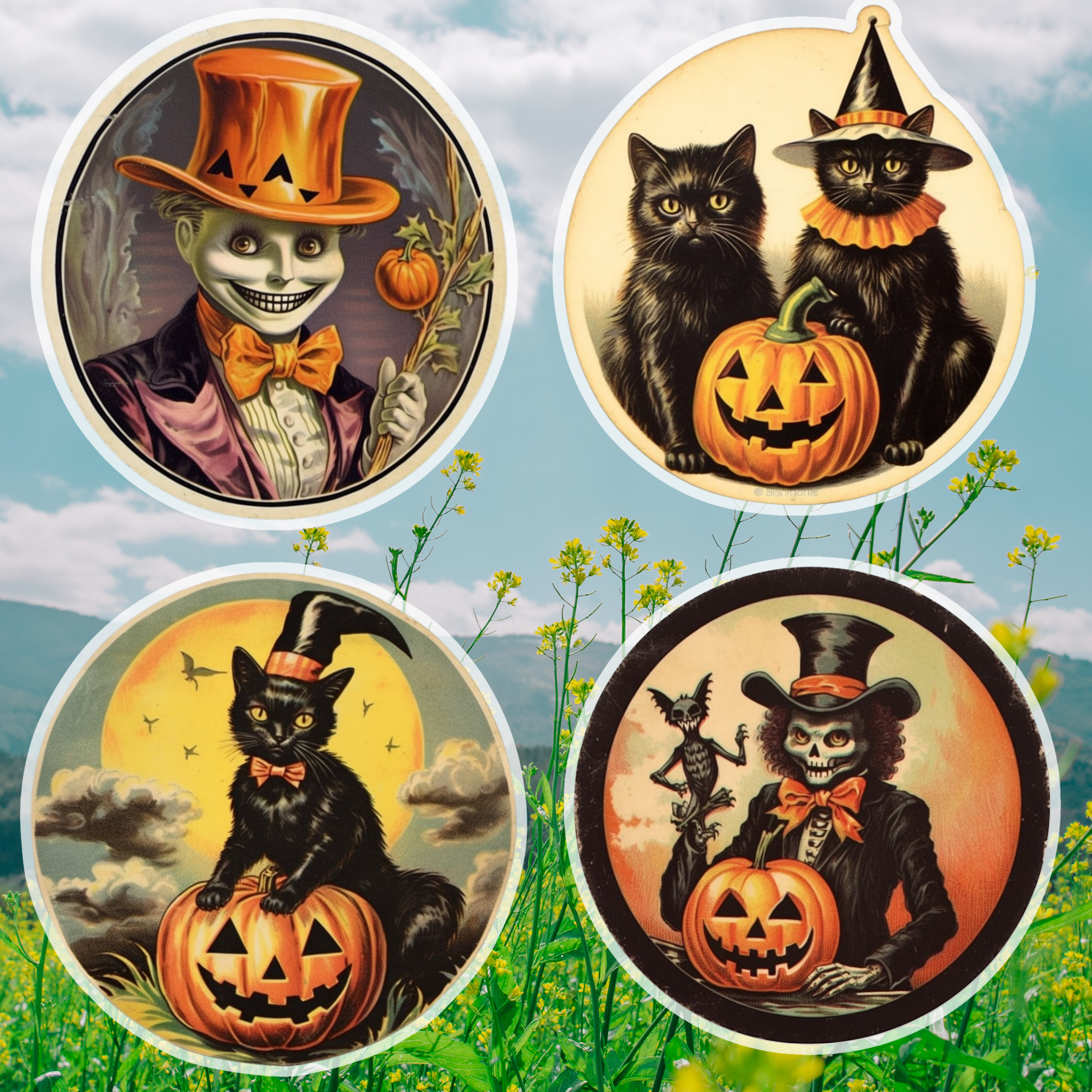 Vintage Halloween Sticker Pack, Retro Halloween Stickers, Black Cat ...