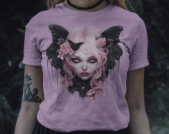 Goth Fairy Shirt, V-Neck or Sweatshirt. Gothic aesthetics with a touch of enchantment. Mystery graphic, Goth girl fashion, Halloween shirt