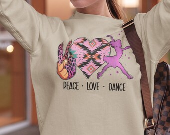 ピースラブダンススウェットシャツ、教師レトロシャツ、教師バレンタインTシャツ、バレンタイン衣装、教師生活、ダンス教師、教師衣装