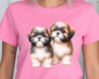 Camiseta con dos lindos Shih Tzu, cuello en V, sudadera o camiseta sin mangas con espalda cruzada, regalo de cumpleaños de Shih Tzu, camiseta de regalo para amantes de los perros, camiseta de mamá perro, camiseta de papá perro