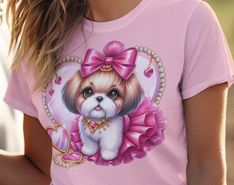 Pink Bow Shih Tzu T-Shirt, V-Neck, Sweatshirt or Racerback Tank Top, Shih Tzu Birthday Gift, Dog Lover Gift, Dog Mama Shirt,Shih Tzu Sweater