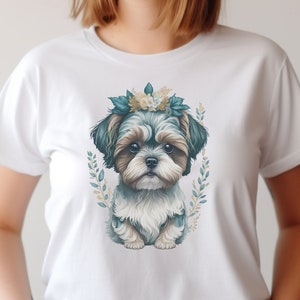 Shih Tzu With Flowers T-Shirt, V-Neck, Sweatshirt or Racerback Tank Top, Shih Tzu Birthday Gift, Dog Lover Gift Tee, Dog Mama Shirt