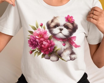 Shih Tzu in Bloom Apparel - Perfect Gift for Flower Enthusiast - Floral V-Neck, Sweatshirt - Fun Dog Lover Tee - Dog Mom Shih Tzu Shirt